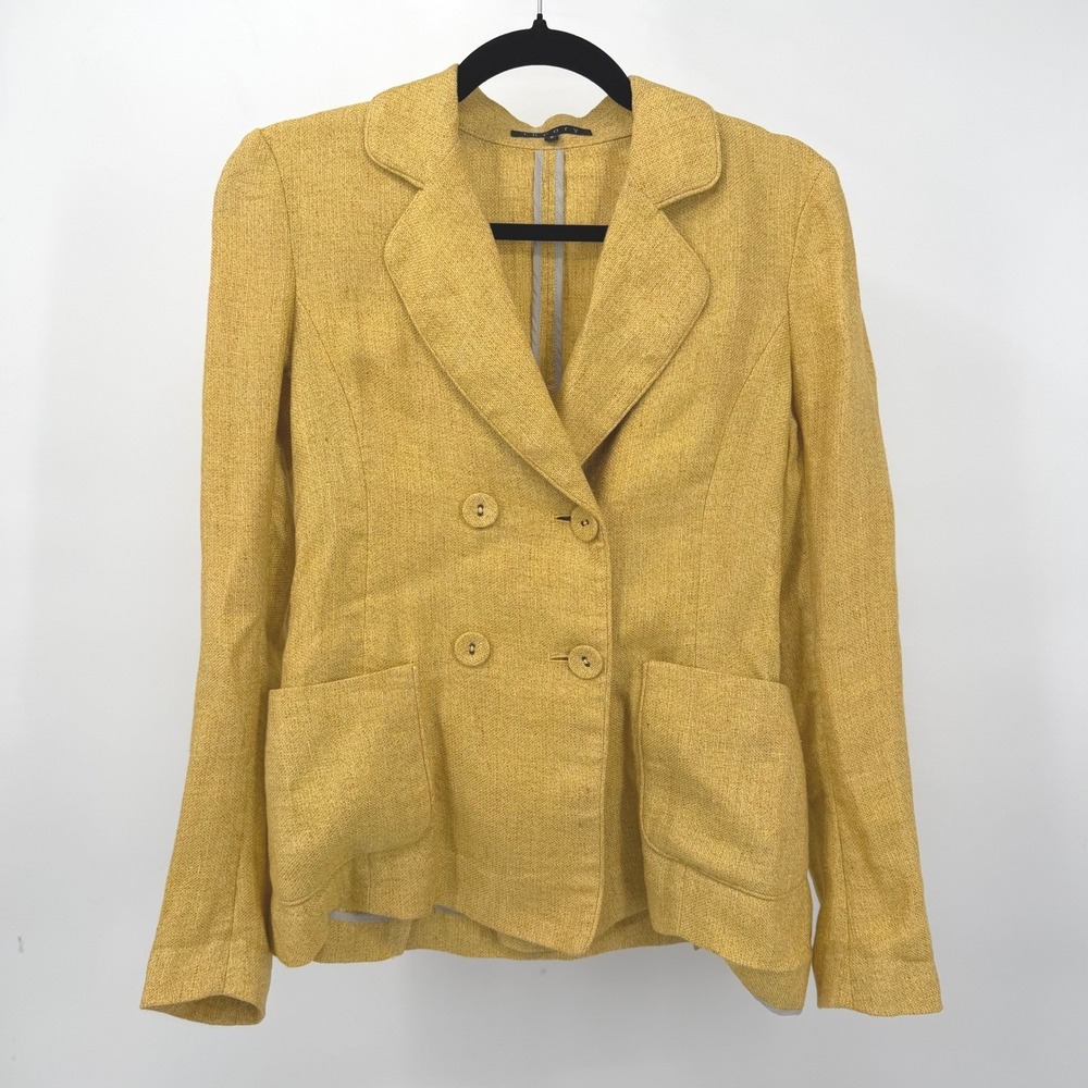 Theory Womens SP Blazer Jacket Yellow Linen Double Breasted Linen Core Workwear